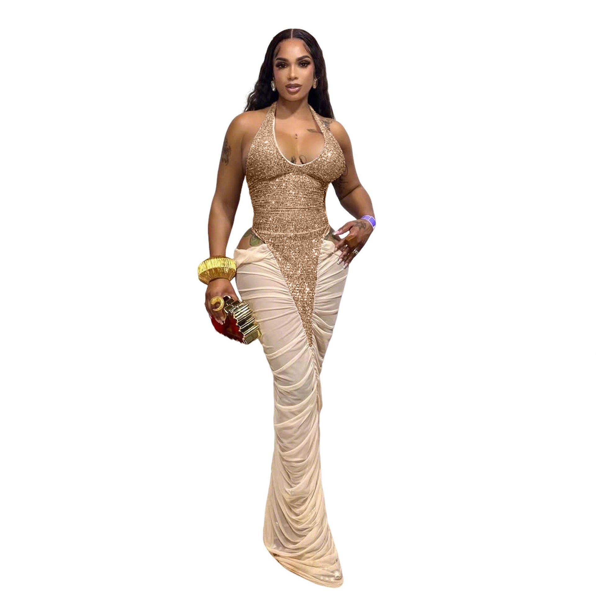 Sexy Elegant Fashionable High Slit Mesh Stitching Ruffle Sequin Halter Neck Gown - URBANPICK FASHION