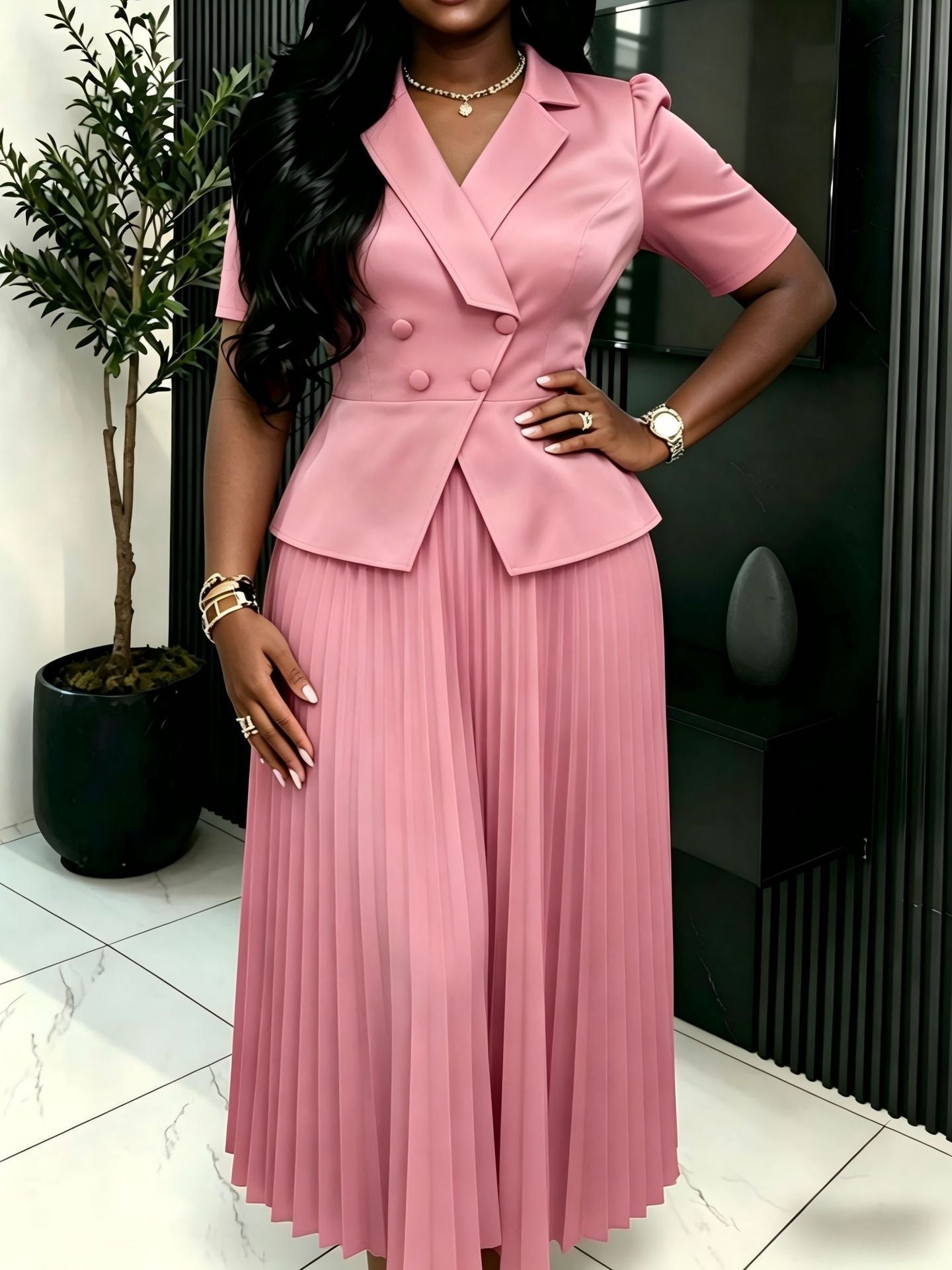 Office Dress Collared Short Sleeve Design Double Breasted Decorative Pleated Dress - URBANPICK FASHION