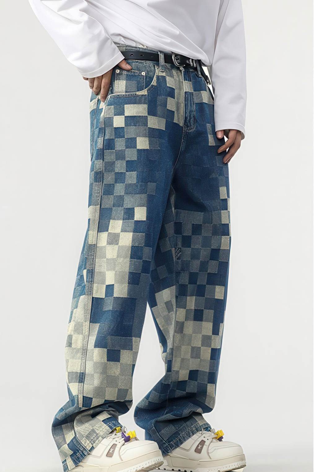 Plaid Patchwork Jeans - Oversized Wide-Leg Streetwear Pants - URBANPICK FASHION