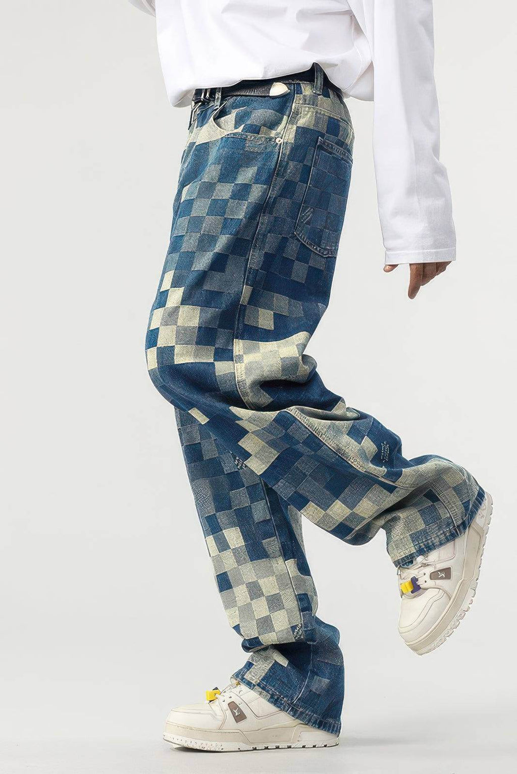 Plaid Patchwork Jeans - Oversized Wide-Leg Streetwear Pants - URBANPICK FASHION