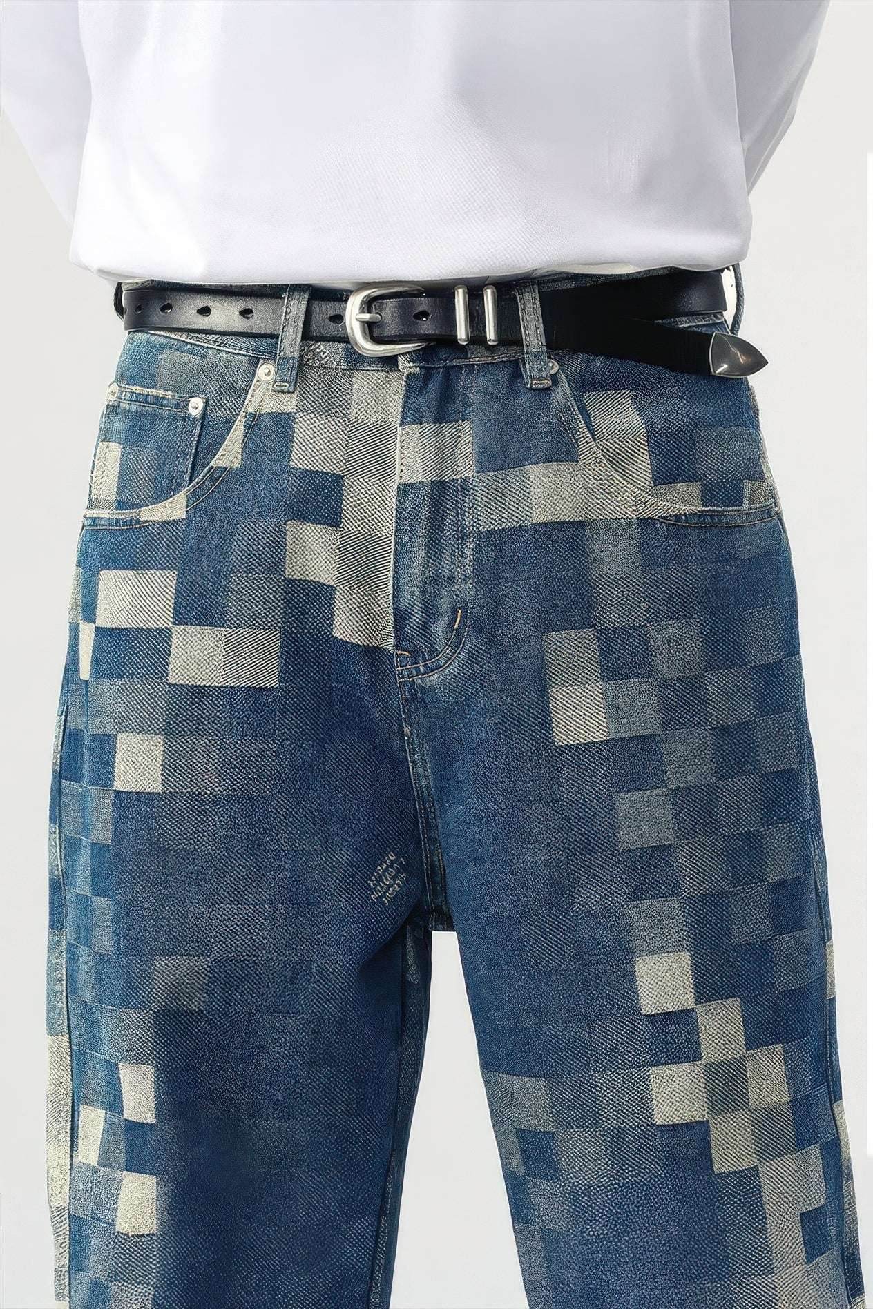 Plaid Patchwork Jeans - Oversized Wide-Leg Streetwear Pants - URBANPICK FASHION