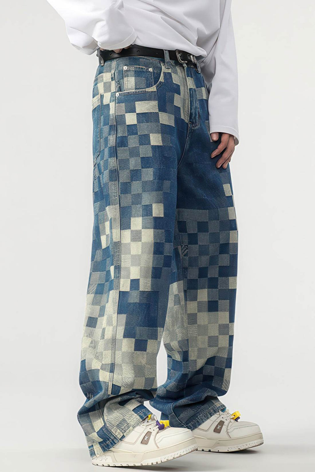 Plaid Patchwork Jeans - Oversized Wide-Leg Streetwear Pants - URBANPICK FASHION
