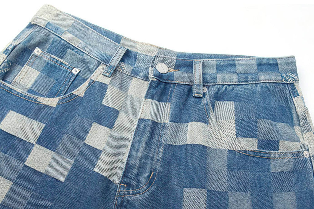 Plaid Patchwork Jeans - Oversized Wide-Leg Streetwear Pants - URBANPICK FASHION