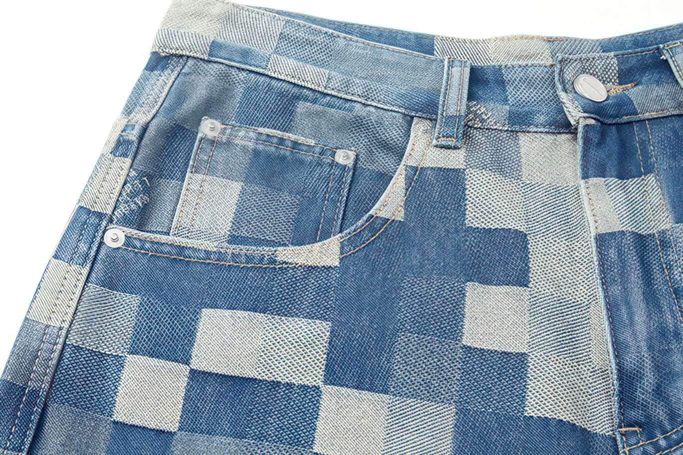 Plaid Patchwork Jeans - Oversized Wide-Leg Streetwear Pants - URBANPICK FASHION