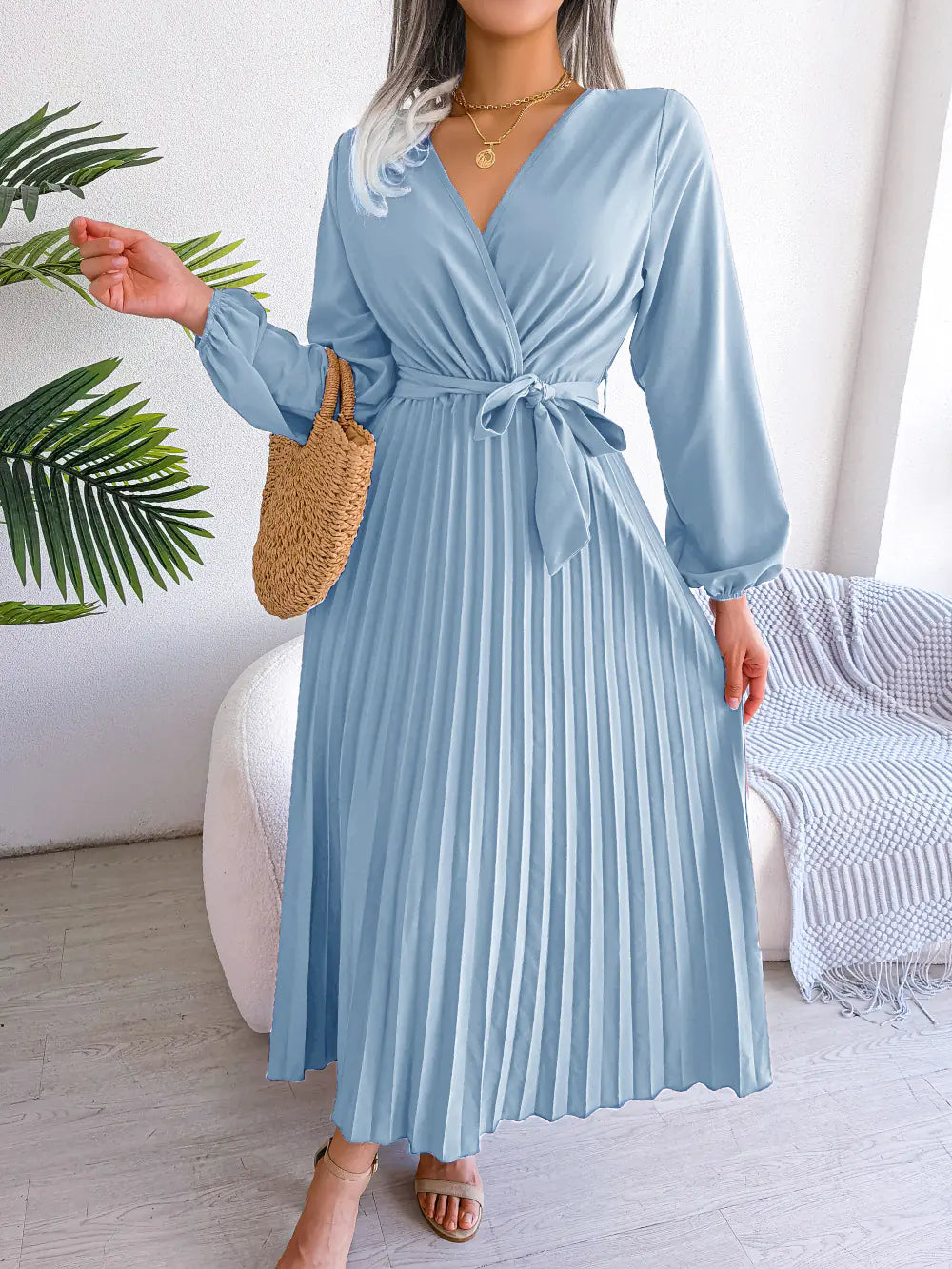 Spring/Summer Cross V-Neck Pleated Maxi Dress - URBANPICK FASHION