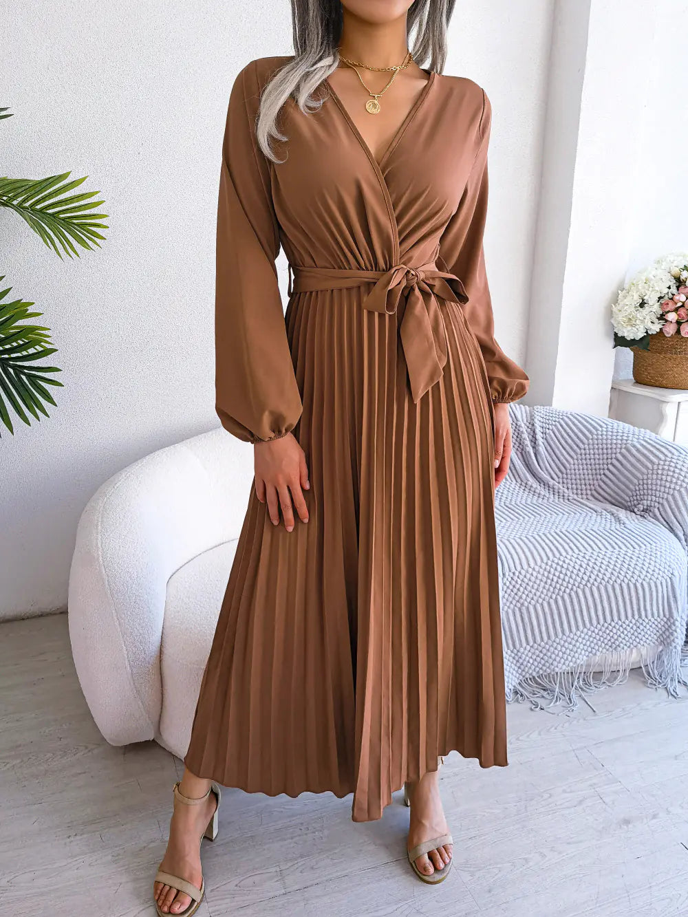 Spring/Summer Cross V-Neck Pleated Maxi Dress - URBANPICK FASHION