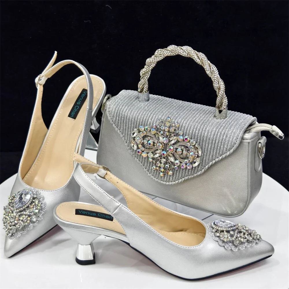 Women's Crystal Pointed High Heels Shoe Bag Set - URBANPICK FASHION