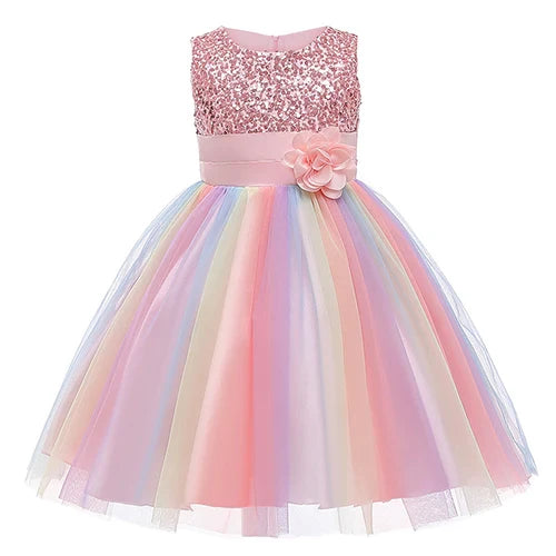 Sequins Girls Dress Summer Flower Fashion Rainbow Mesh Little Princess Dresses - URBANPICK FASHION