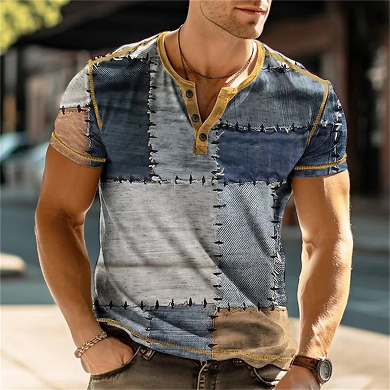Summer 3D Printed T Shirt, Men’s Retro Patchwork, Cool Breathable, Short Sleeve, Trendy Casual, Oversized Top - URBANPICK FASHION