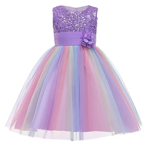 Sequins Girls Dress Summer Flower Fashion Rainbow Mesh Little Princess Dresses - URBANPICK FASHION