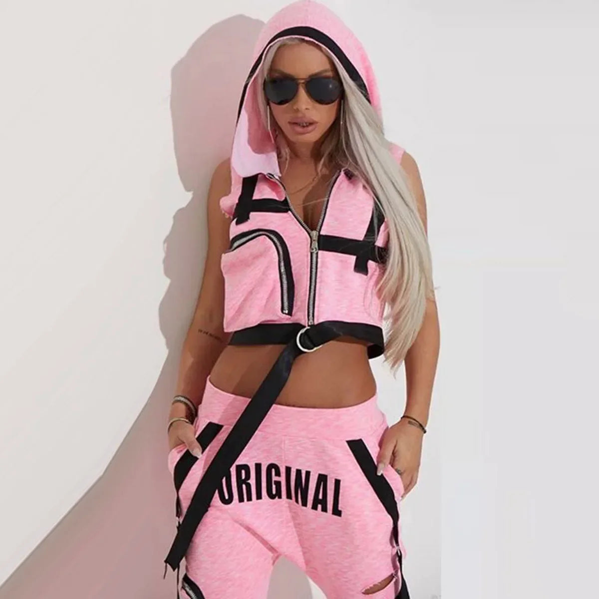 Women’s Hooded Vest & Ripped Pants Set Streetwear