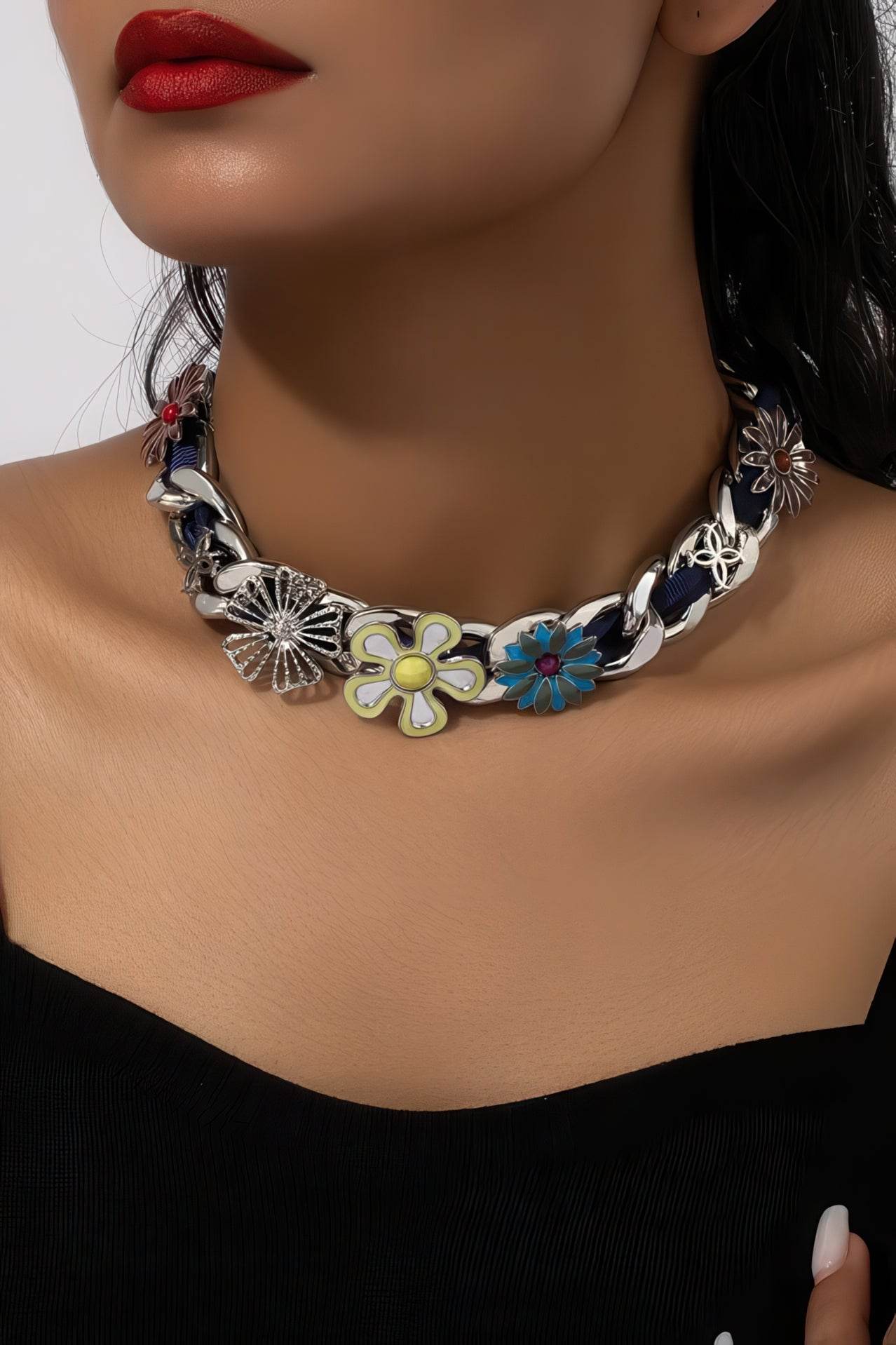 Satin Floral Cuban Chain - Unisex Ribbon Necklace Statement Piece - URBANPICK FASHION
