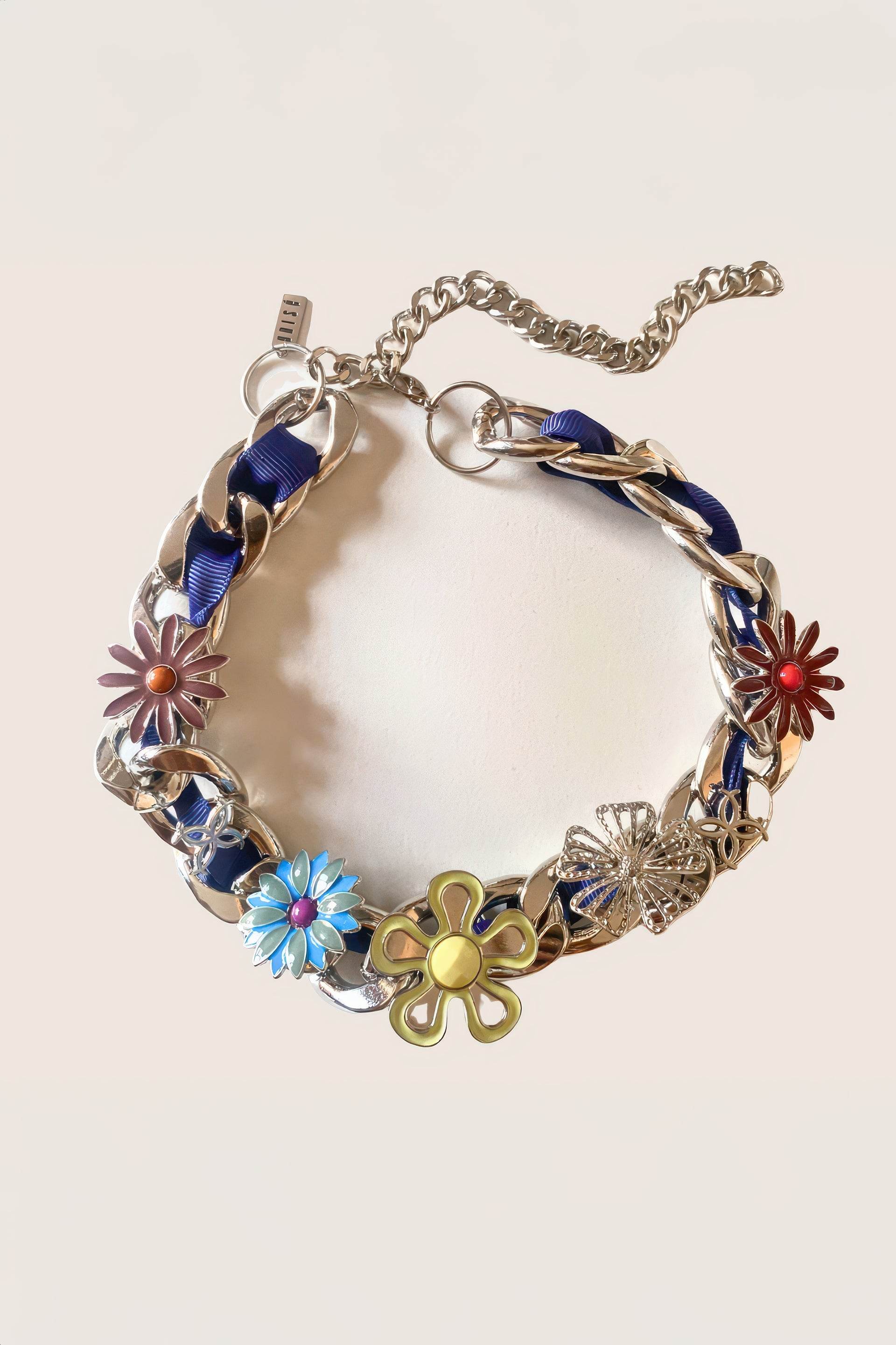 Satin Floral Cuban Chain - Unisex Ribbon Necklace Statement Piece - URBANPICK FASHION