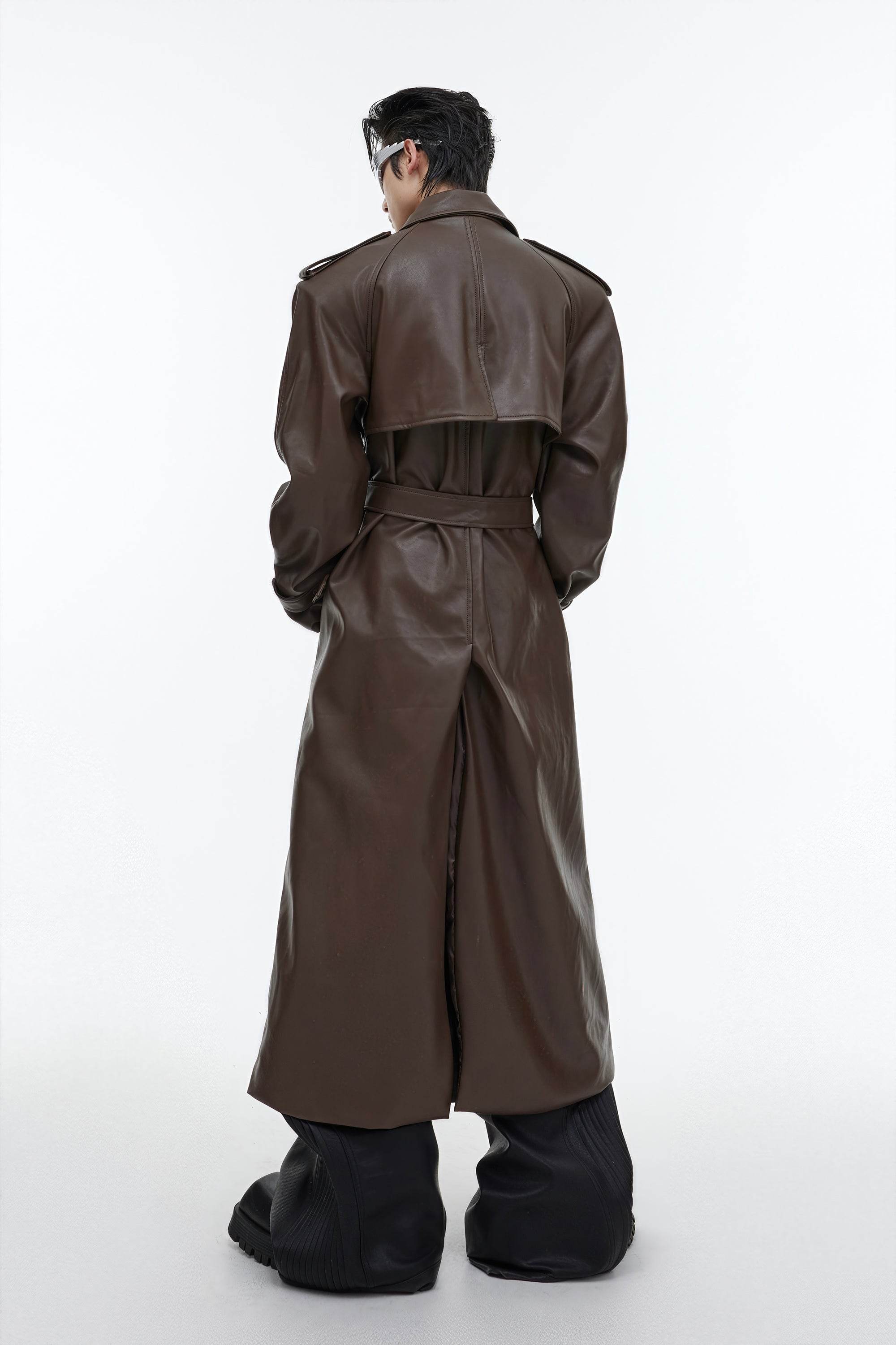 Structured PU Leather Coat - Oversized Trench with Shoulder Pads - URBANPICK FASHION