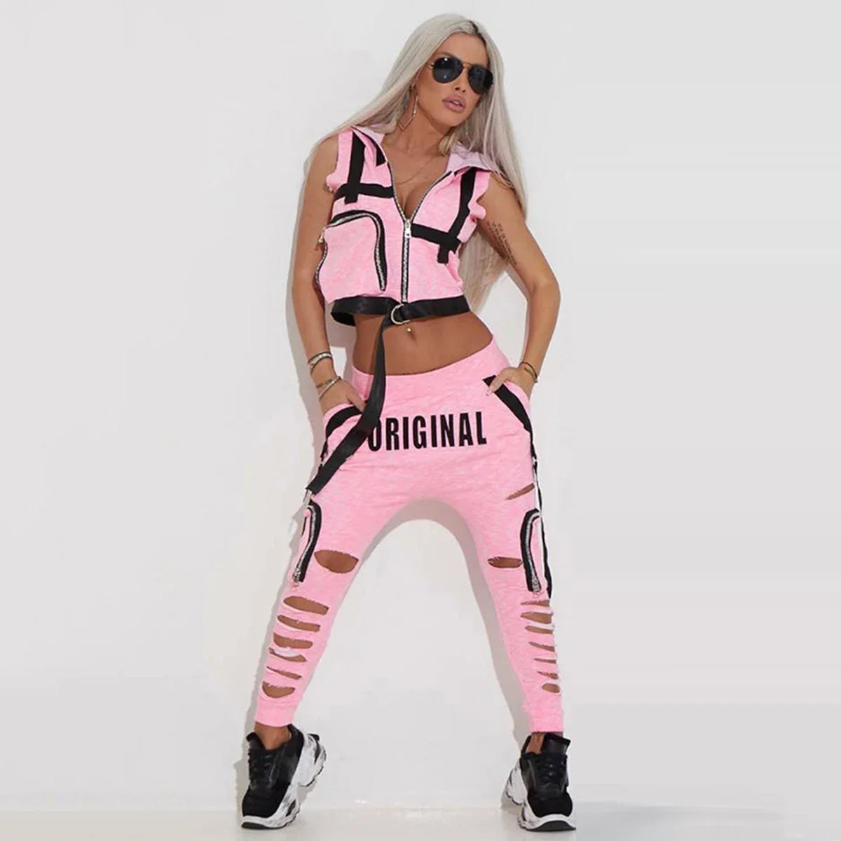Women’s Hooded Vest & Ripped Pants Set Streetwear