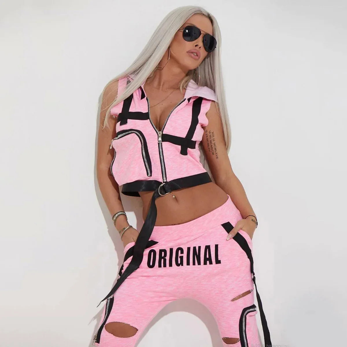 Women’s Hooded Vest & Ripped Pants Set Streetwear