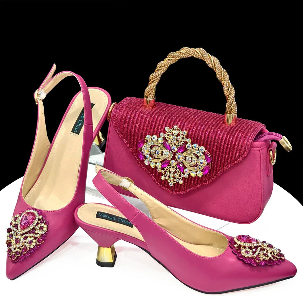 Women's Crystal Pointed High Heels Shoe Bag Set - URBANPICK FASHION