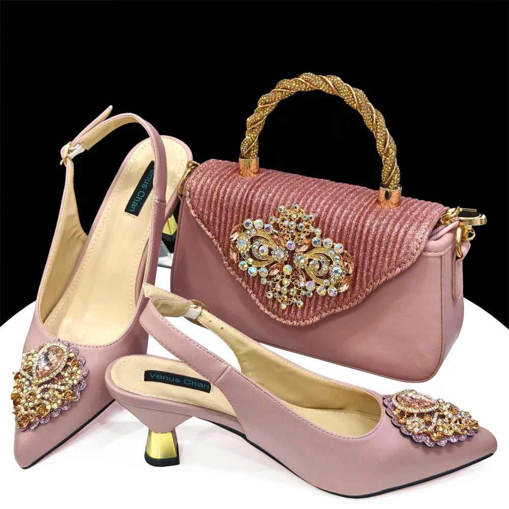 Women's Crystal Pointed High Heels Shoe Bag Set - URBANPICK FASHION