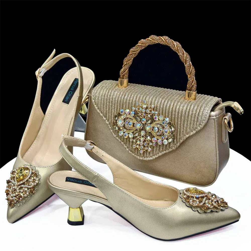 Women's Crystal Pointed High Heels Shoe Bag Set - URBANPICK FASHION