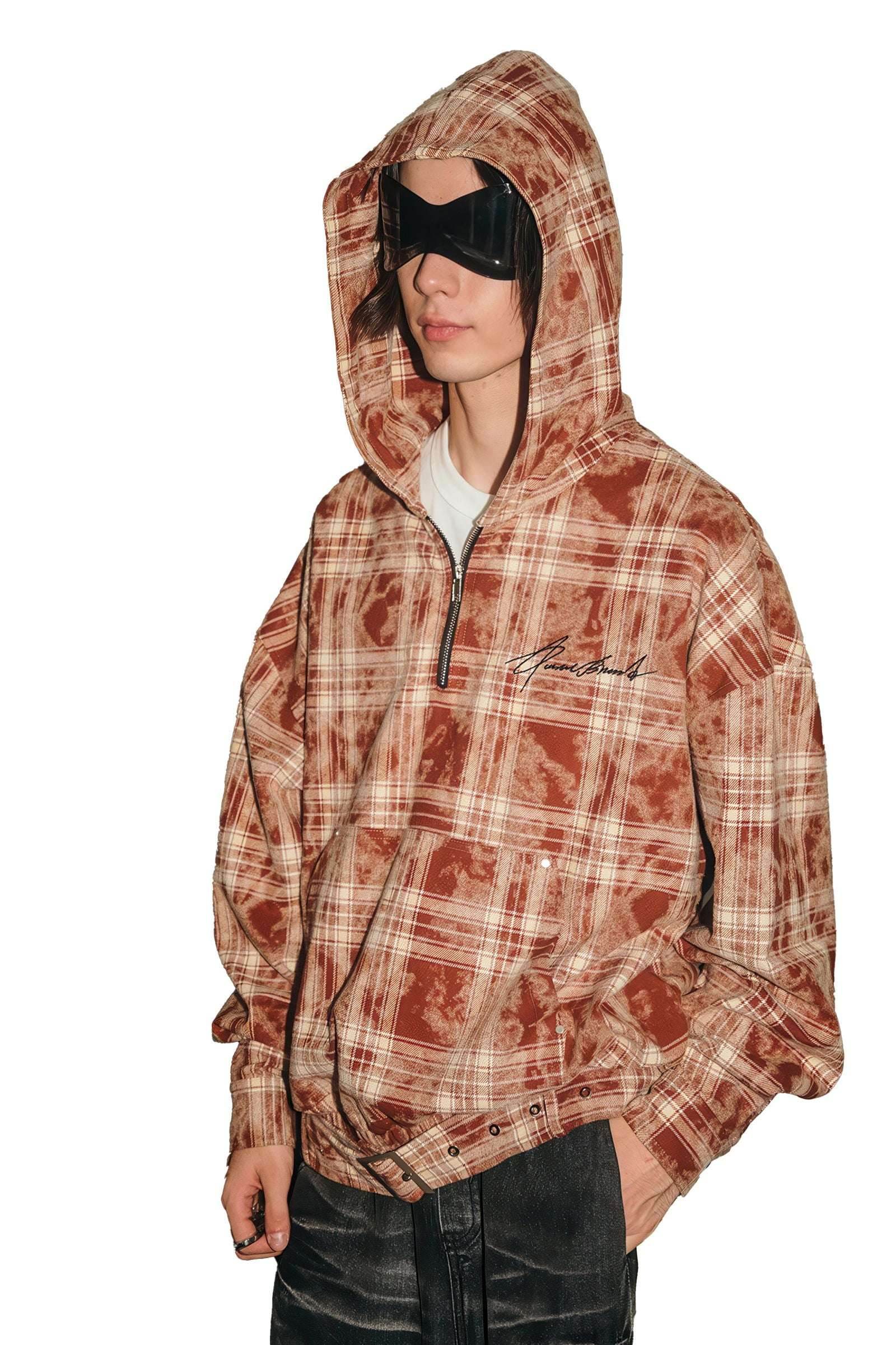 Tie-Dye Hoodie - Half-Zip Belted Checkered Loungewear - URBANPICK FASHION