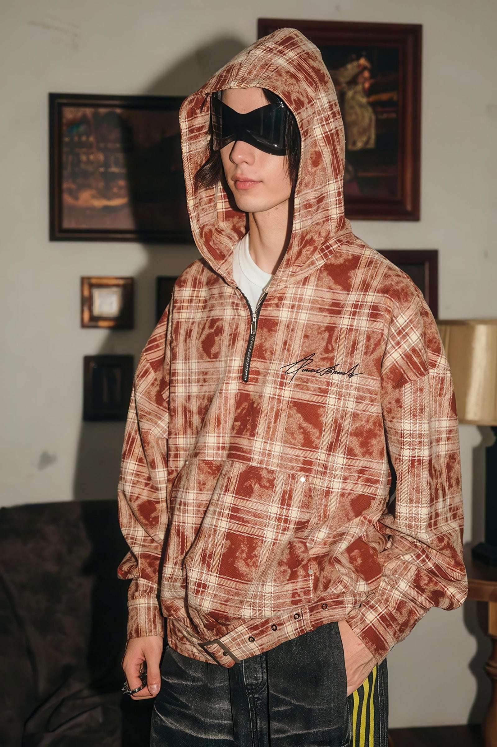 Tie-Dye Hoodie - Half-Zip Belted Checkered Loungewear - URBANPICK FASHION