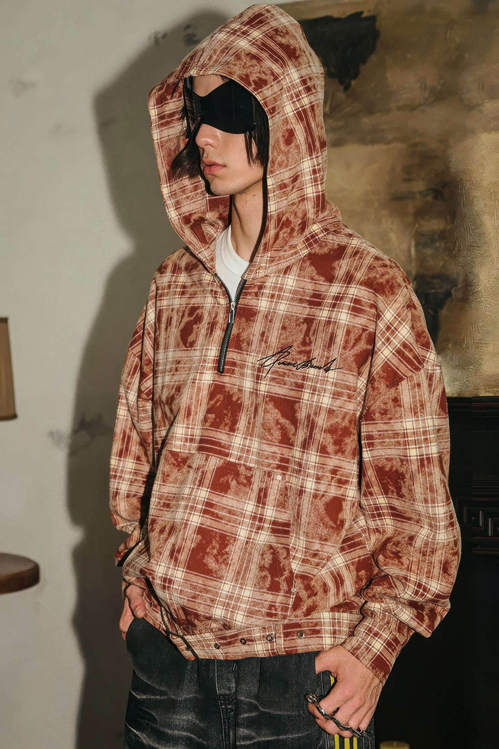 Tie-Dye Hoodie - Half-Zip Belted Checkered Loungewear - URBANPICK FASHION