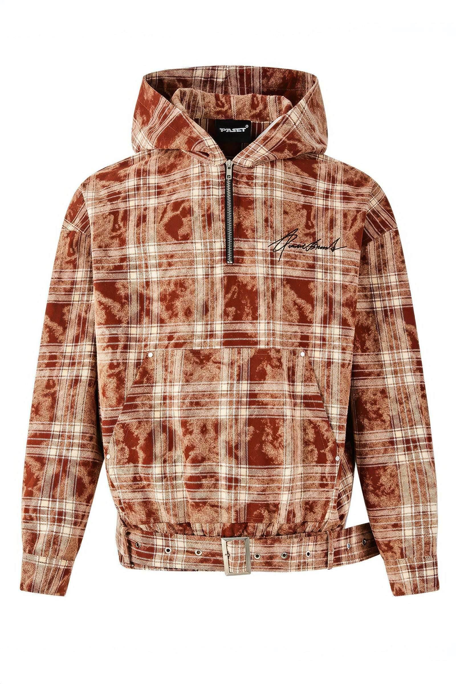Tie-Dye Hoodie - Half-Zip Belted Checkered Loungewear - URBANPICK FASHION
