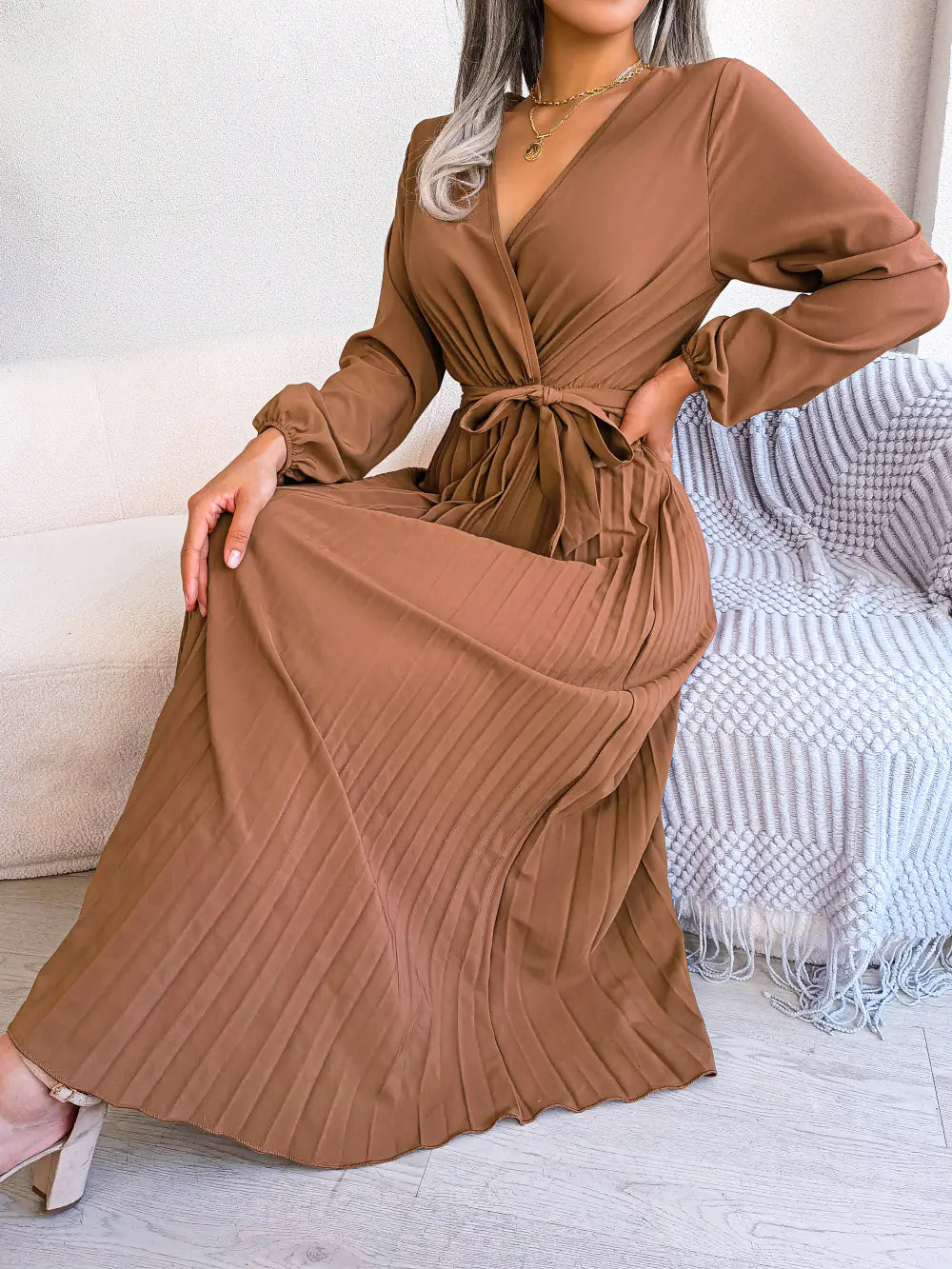 Spring/Summer Cross V-Neck Pleated Maxi Dress - URBANPICK FASHION