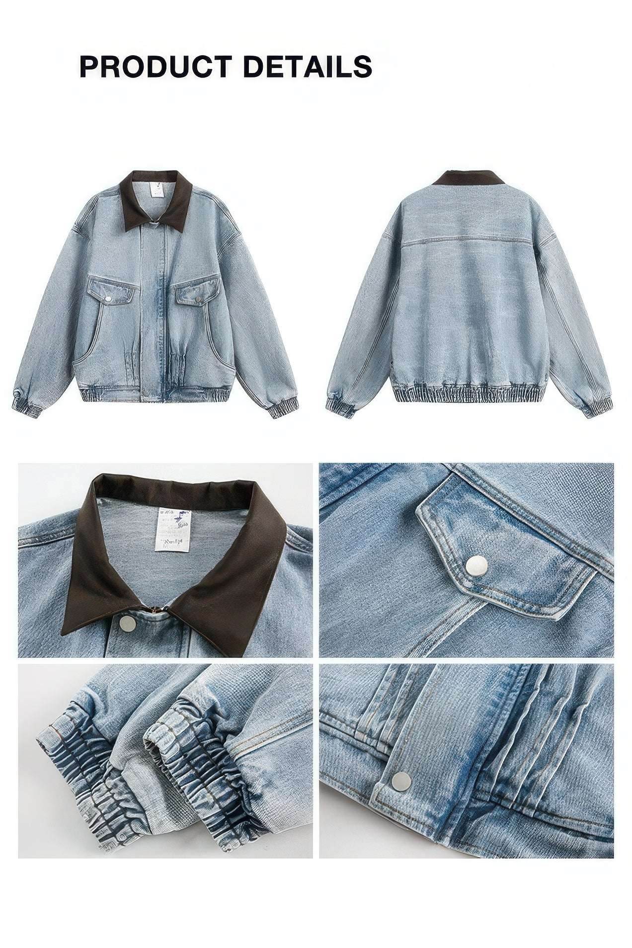 Vintage Washed Denim Jacket with Color Block Collar, American Streetwear Style - URBANPICK FASHION