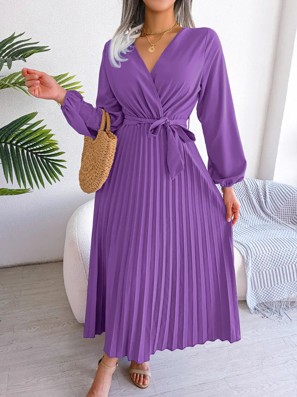Spring/Summer Cross V-Neck Pleated Maxi Dress - URBANPICK FASHION