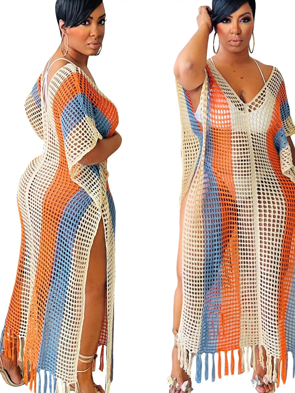 Striped Crochet Cover-Up Dress with Fringe - URBANPICK FASHION