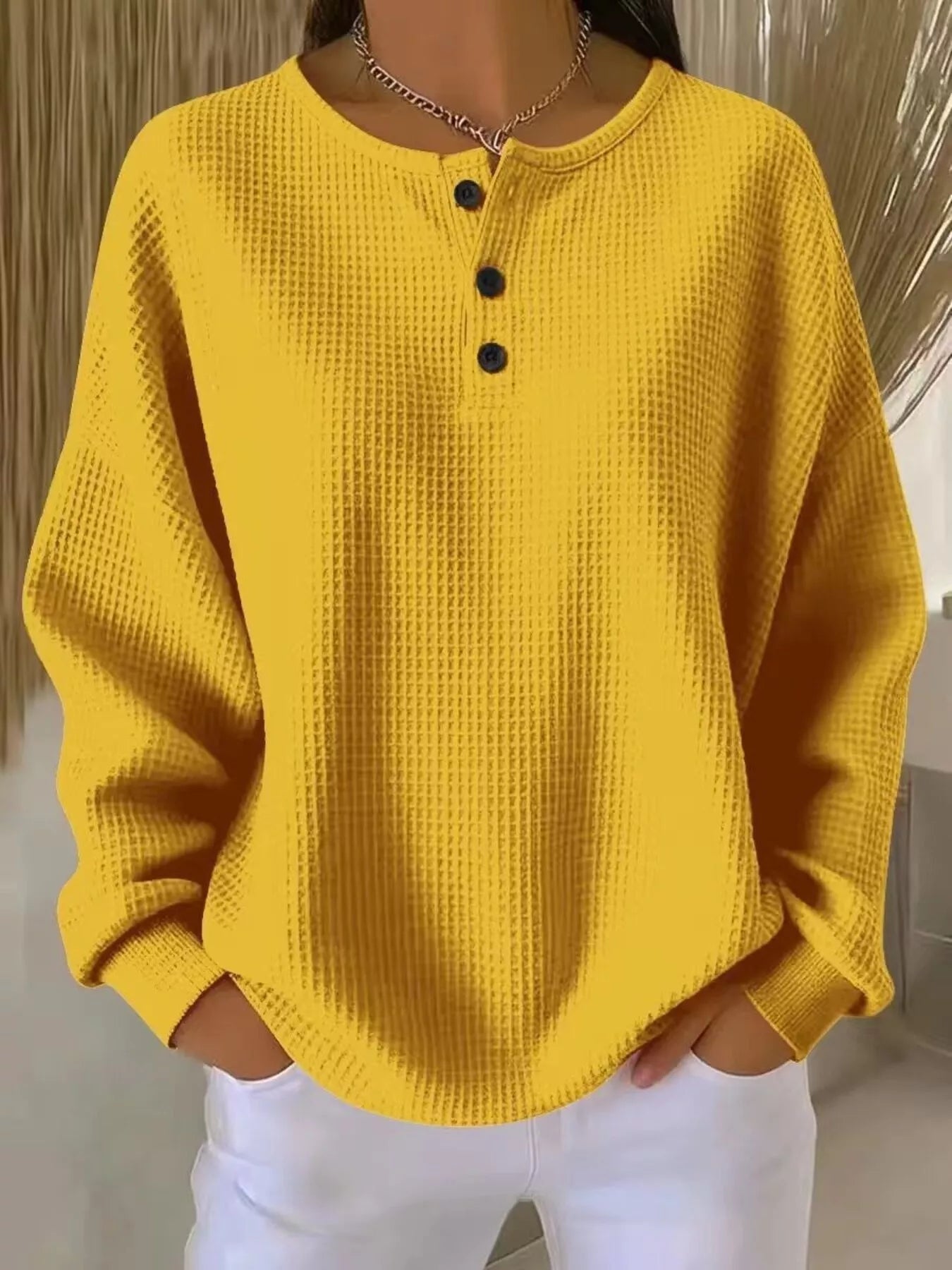 Full Size Waffle Knit Button Detail Top Plus Size - URBANPICK FASHION