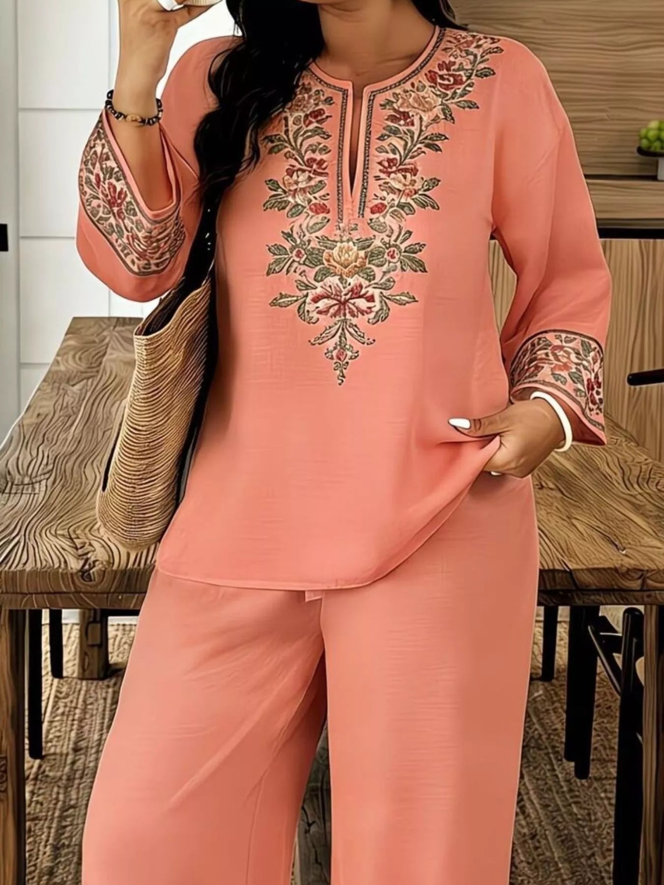 Full Size Embroidered Long Sleeve Top and Pants Set Plus Size - URBANPICK FASHION