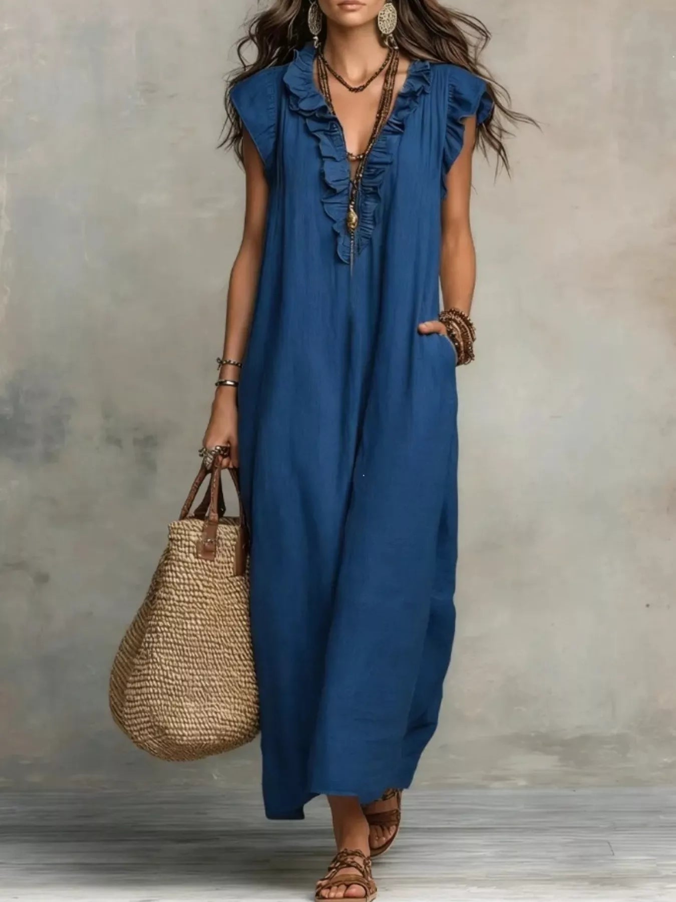 Full Size Ruffled V-Neck Cap Sleeve Maxi Dress Plus Size - URBANPICK FASHION
