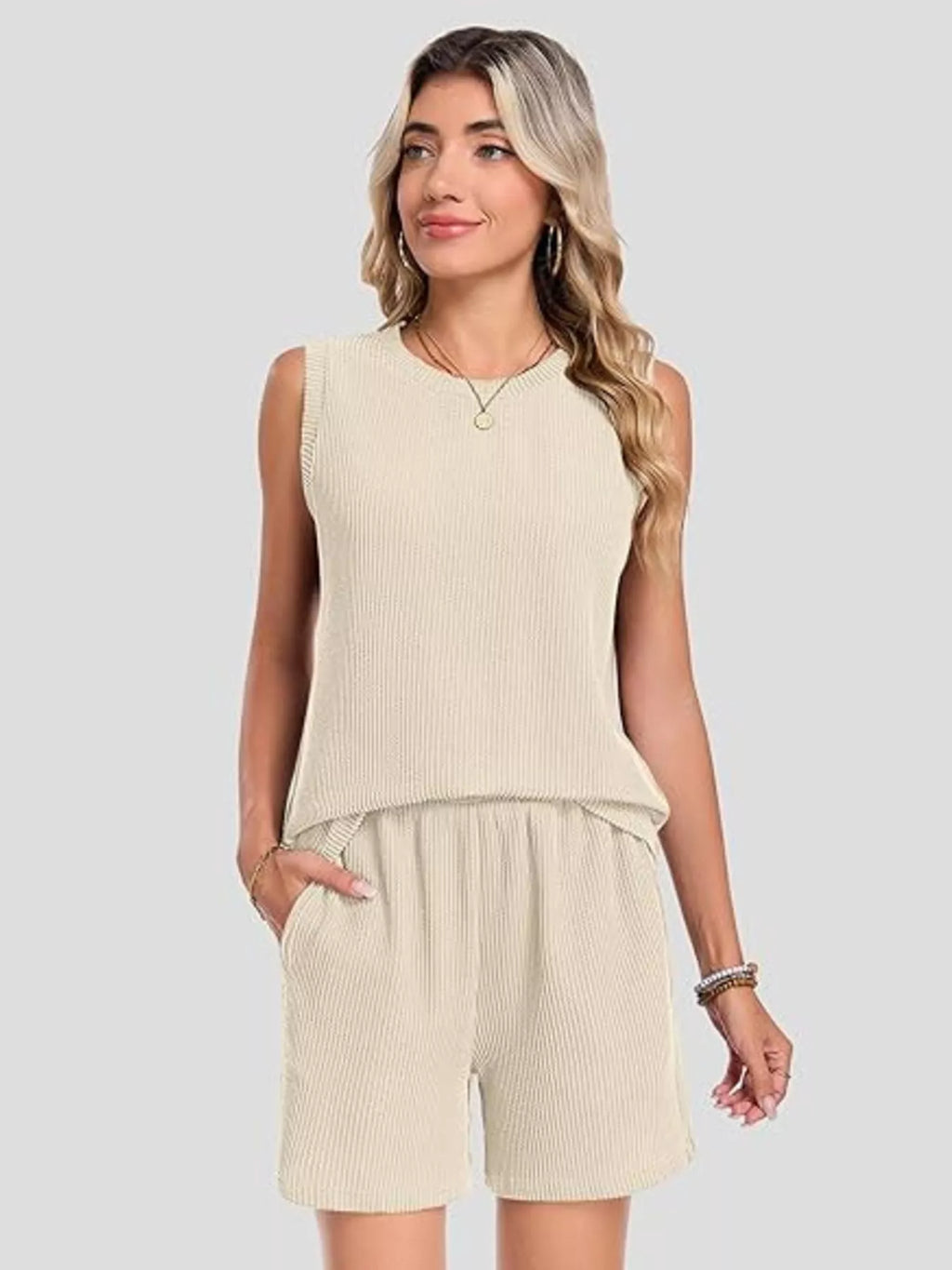 Casual Ribbed Knit Sleeveless Top and Shorts Set - URBANPICK FASHION