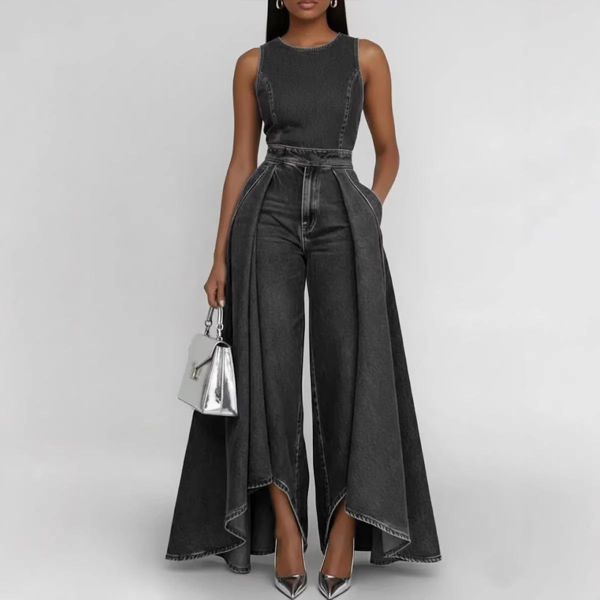 Women’s Crew Neck Sleeveless Wide-Leg Denim Jumpsuit - URBANPICK FASHION