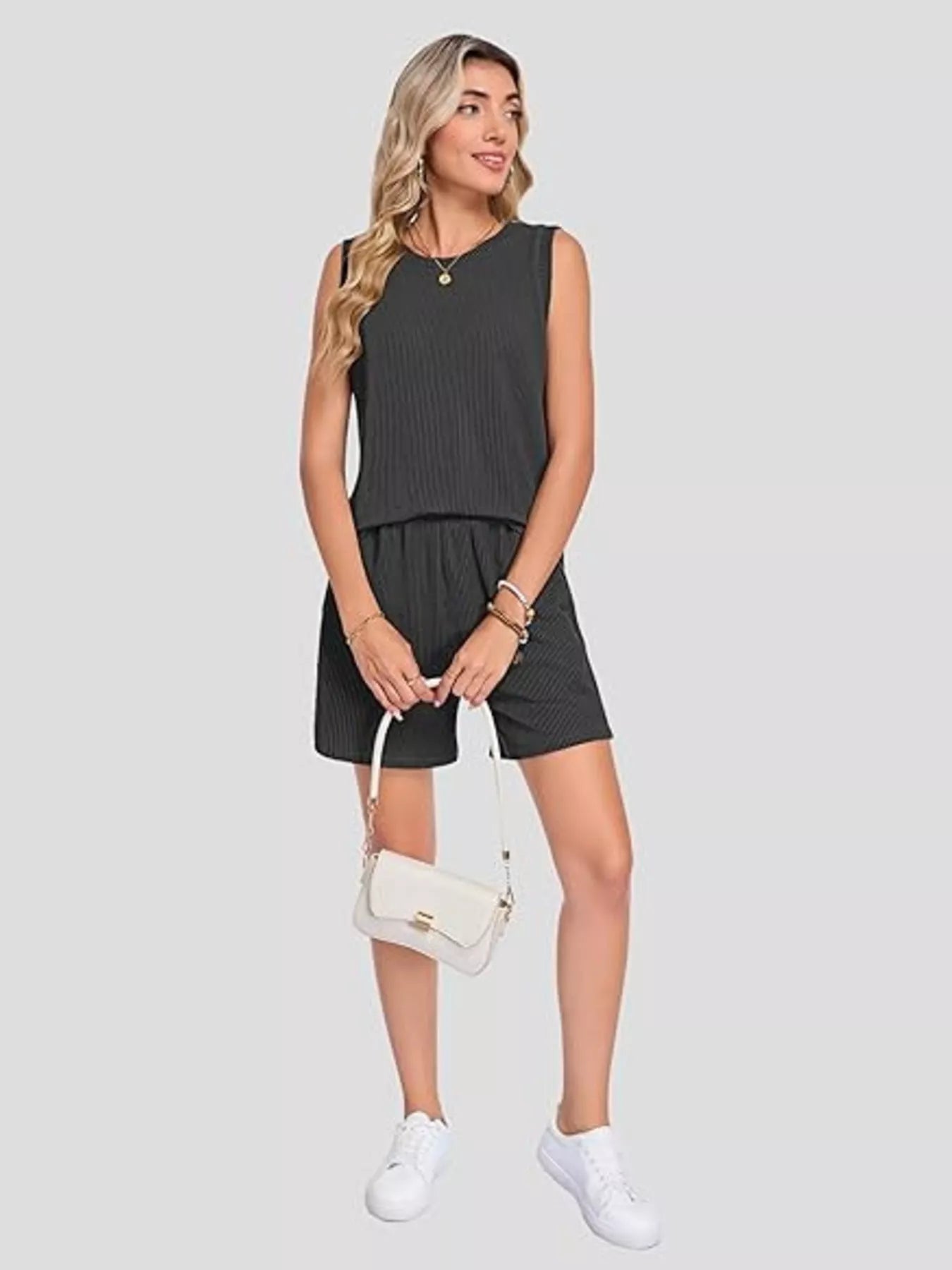 Casual Ribbed Knit Sleeveless Top and Shorts Set - URBANPICK FASHION