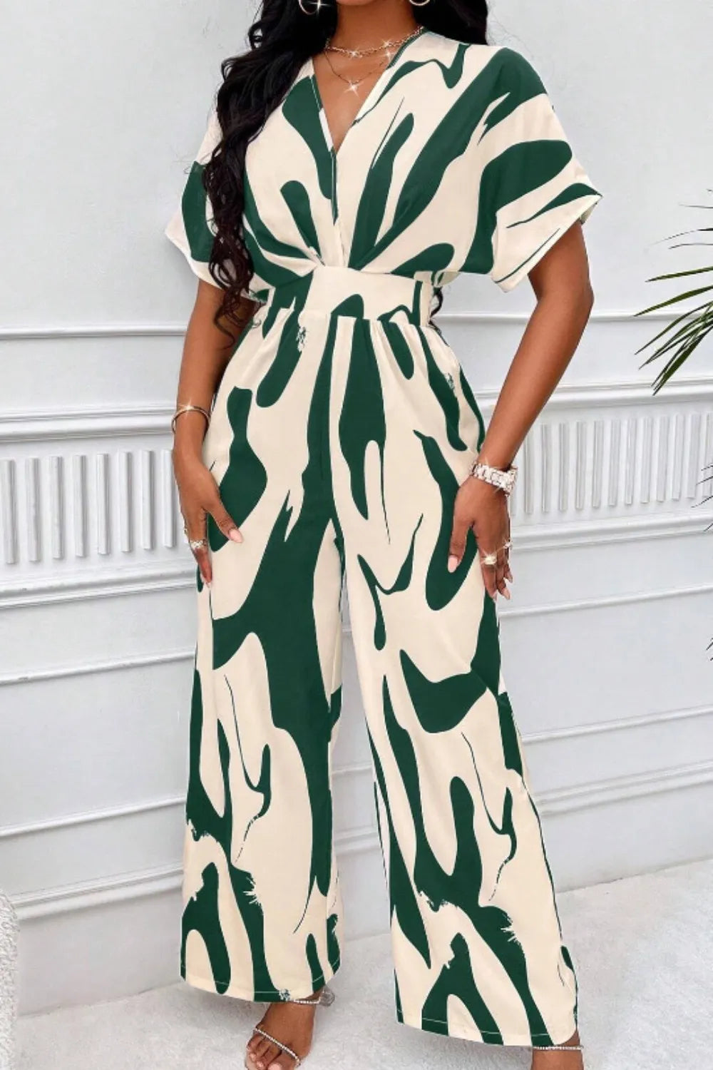Printed V-Neck Short Sleeve Wide Leg Jumpsuit - URBANPICK FASHION