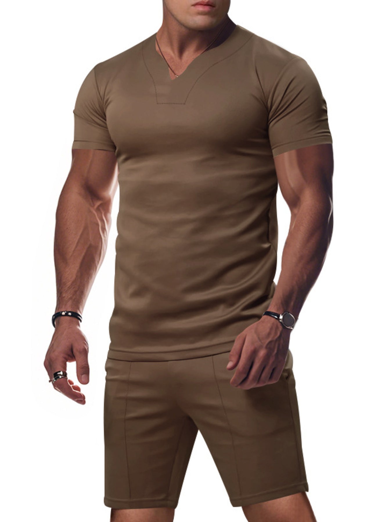 Men's Full Size V-Neck Short Sleeve T-Shirt and Shorts Set Plus Size - URBANPICK FASHION