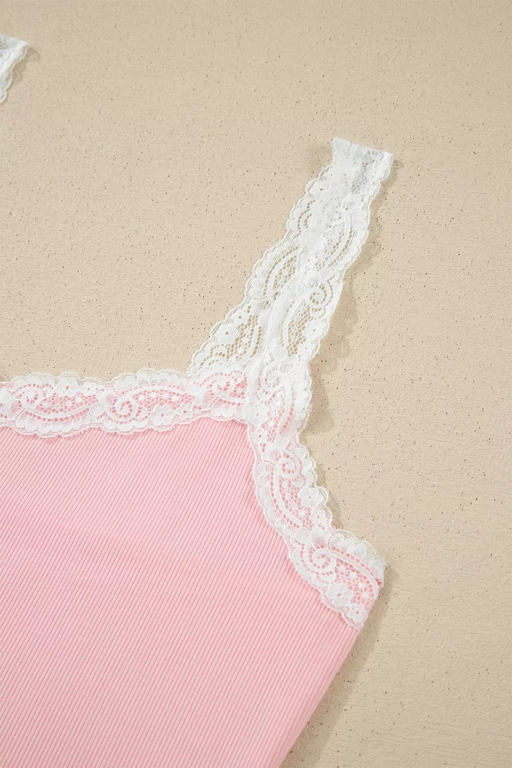 Ribbed Knit Lace Straps Patchwork Lettuce Hem Cropped Top Floral Short Lounge Set - URBANPICK FASHION