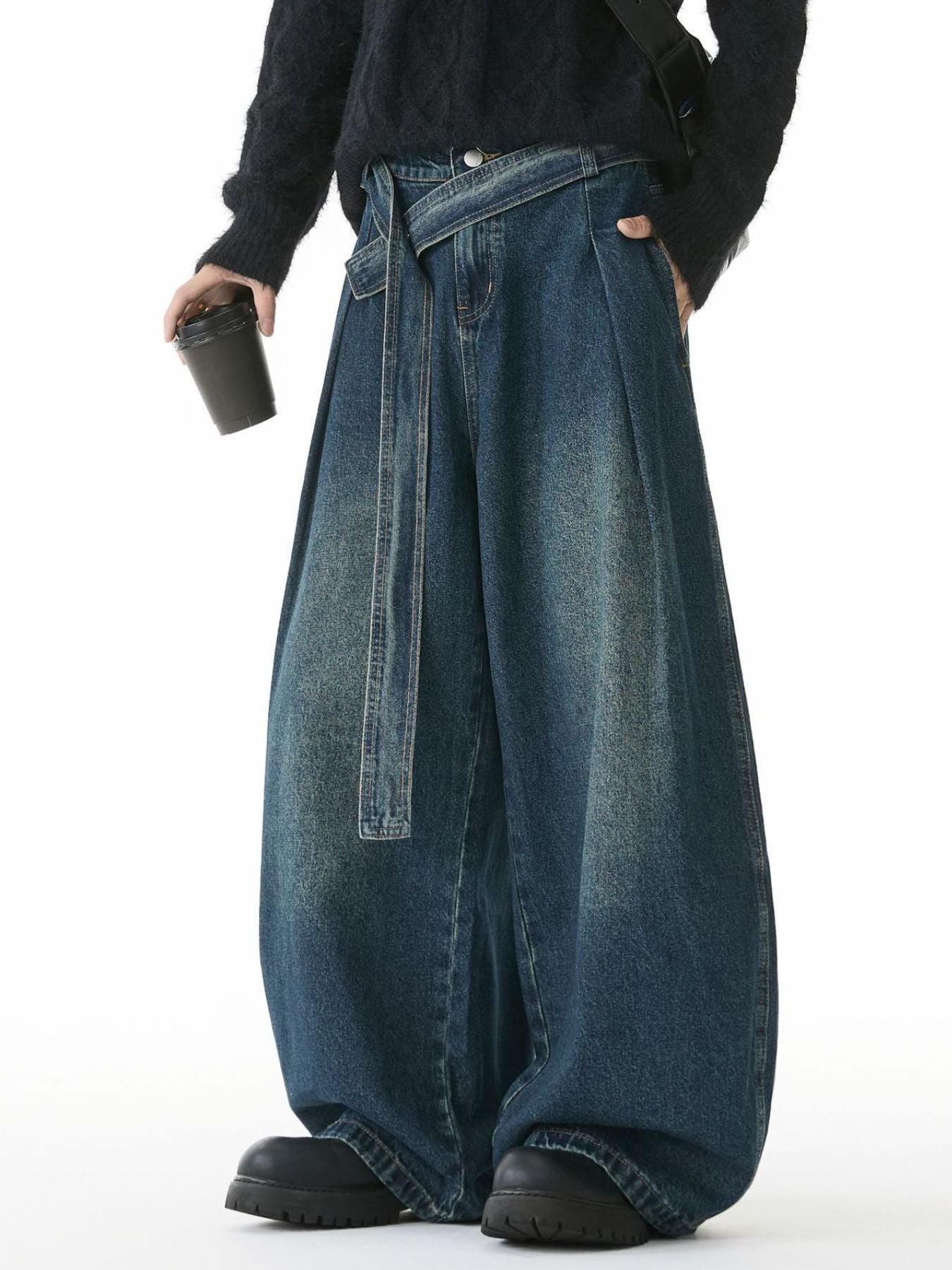 Men's Full Size Wash Belted Wide Leg Jeans Plus Size - URBANPICK FASHION