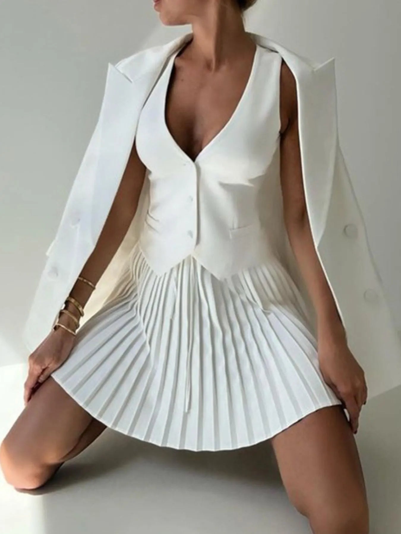 Button Up Vest and Pleated Mini Skirt Set - URBANPICK FASHION