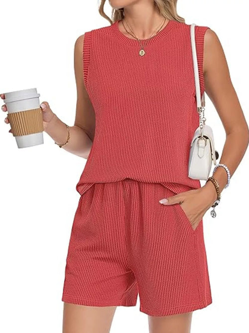 Casual Ribbed Knit Sleeveless Top and Shorts Set - URBANPICK FASHION