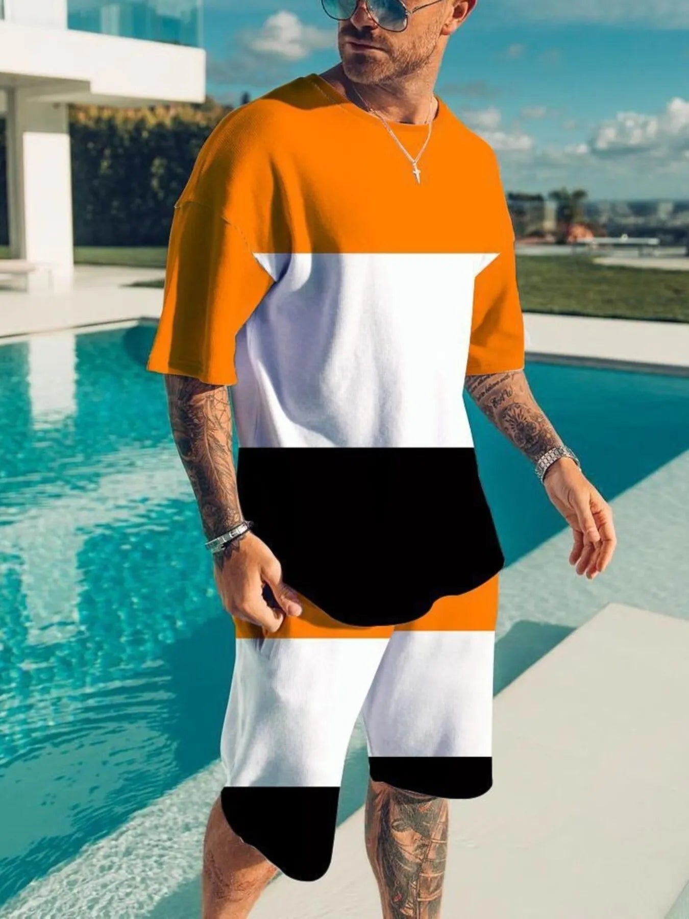 Men's Full Size Color Block Tee and Shorts Set Plus Size - URBANPICK FASHION