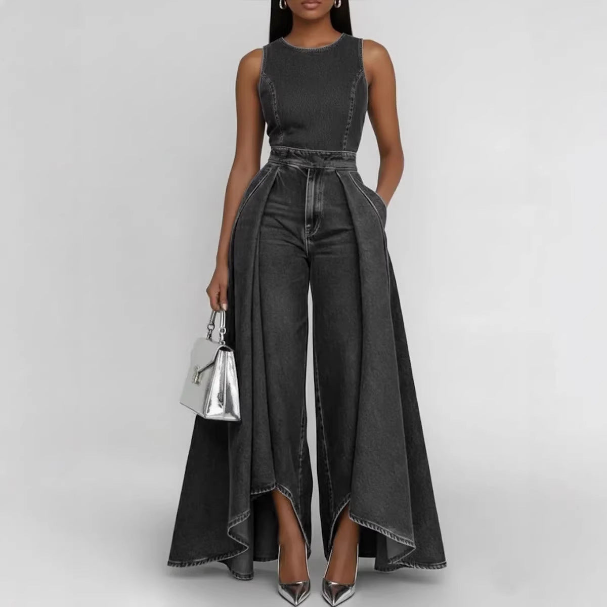 Women’s Crew Neck Sleeveless Wide-Leg Denim Jumpsuit - URBANPICK FASHION