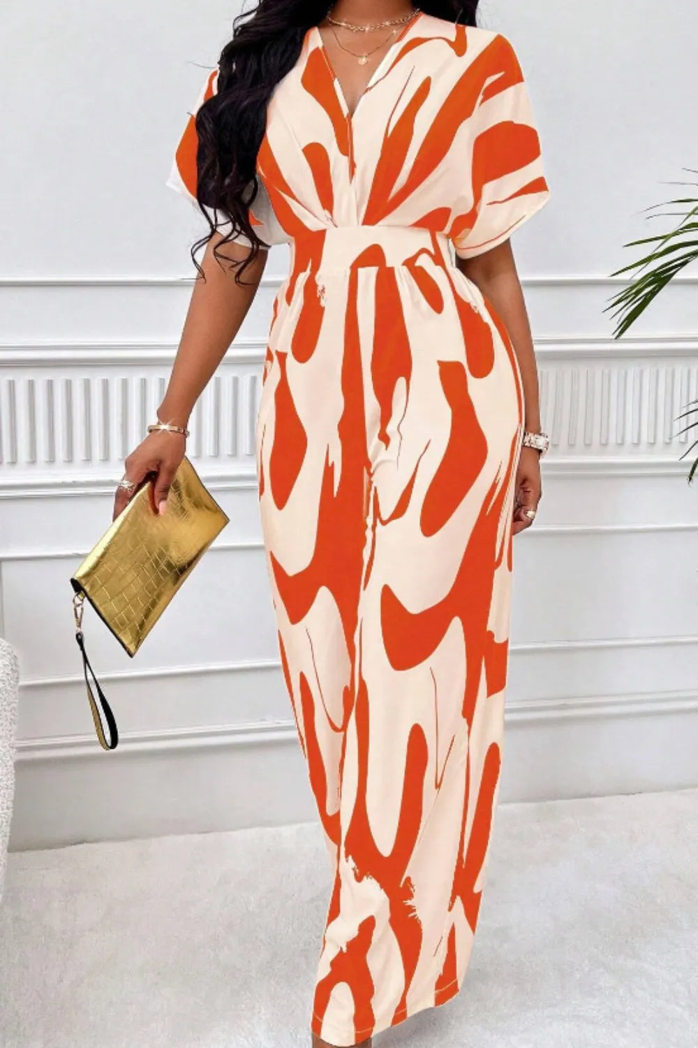 Printed V-Neck Short Sleeve Wide Leg Jumpsuit - URBANPICK FASHION