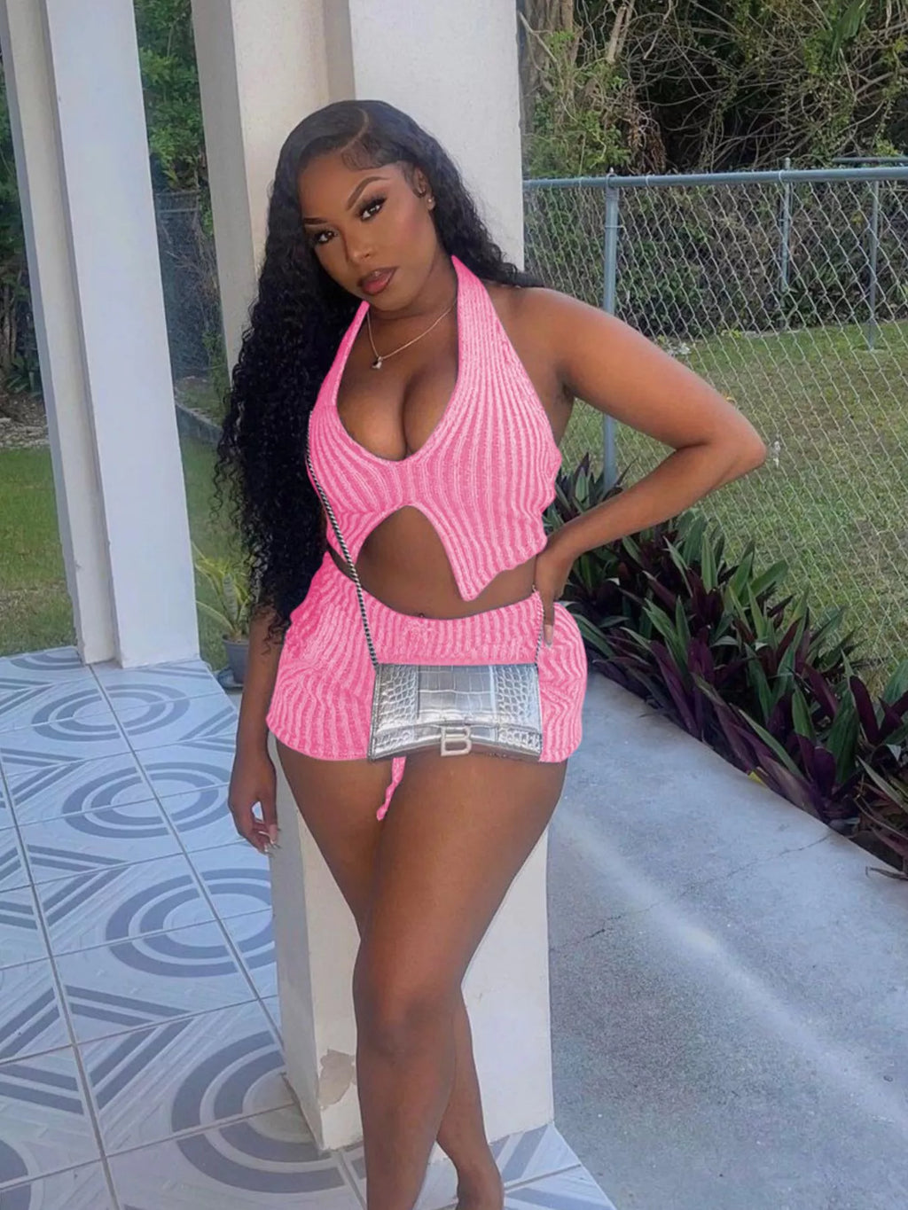 Halter Neck Top and Shorts Sweater Set - URBANPICK FASHION