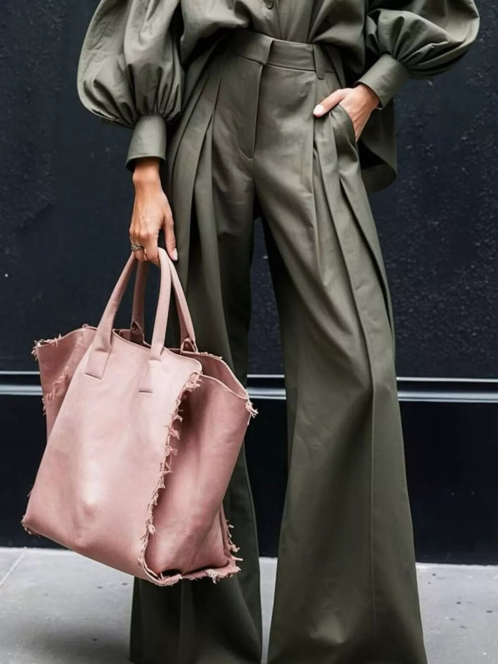 Lantern Sleeve Shirt and Wide Leg Pants Set - URBANPICK FASHION