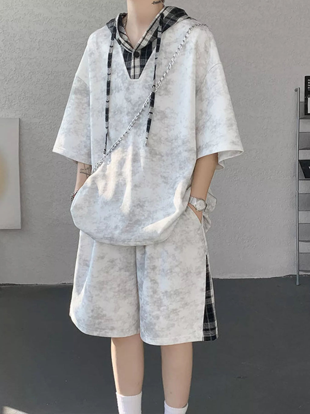Men's Plus Size Tie-Dye Plaid Patchwork Hoodie and Shorts Set - URBANPICK FASHION