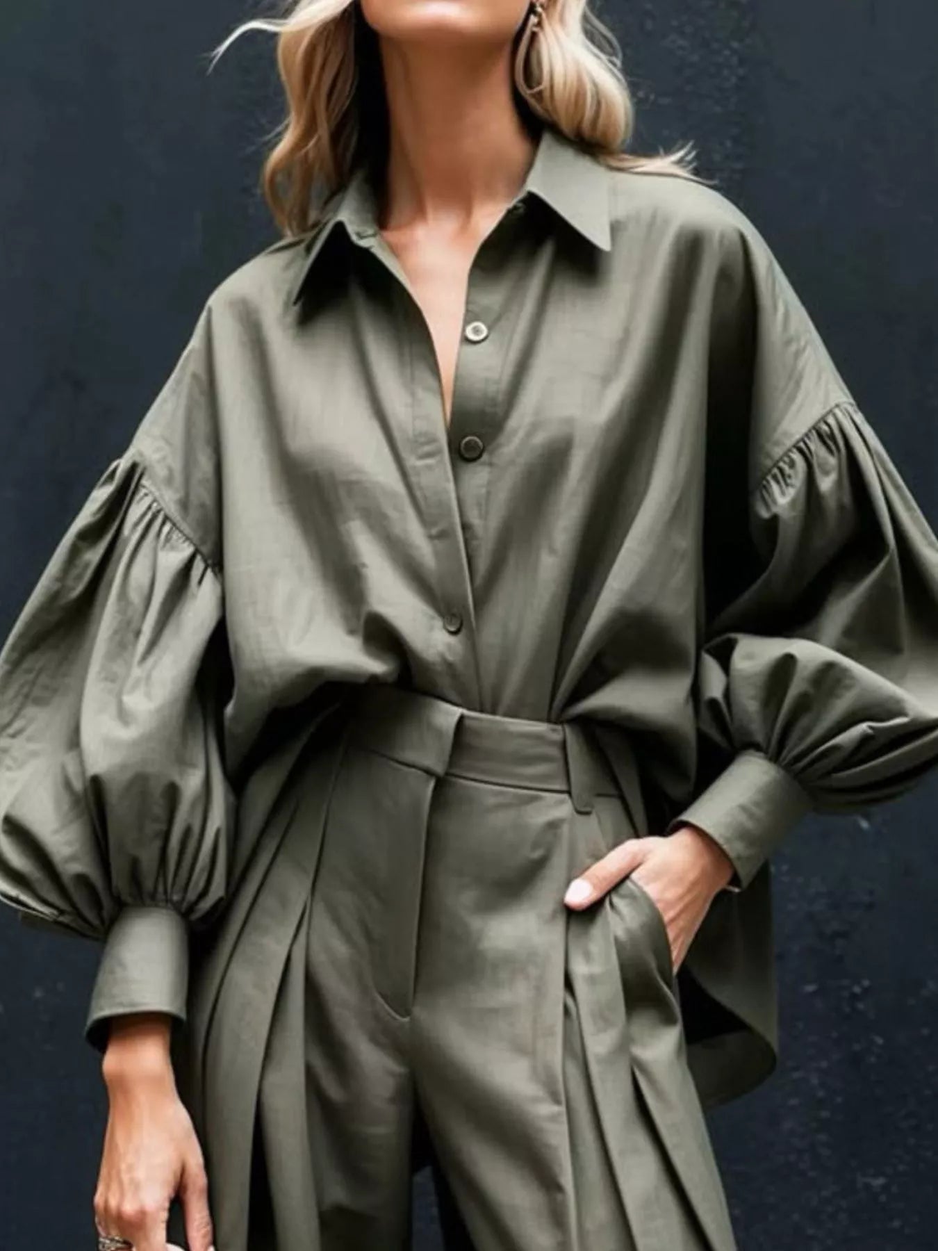 Lantern Sleeve Shirt and Wide Leg Pants Set - URBANPICK FASHION